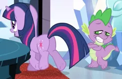 Size: 971x629 | Tagged: safe, derpibooru import, screencap, spike, twilight sparkle, dragon, pony, the crystal empire, butt, dat butt, female, male, mare, meme, out of context, plot