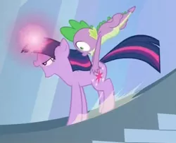 Size: 612x498 | Tagged: safe, derpibooru import, screencap, spike, twilight sparkle, dragon, pony, unicorn, the crystal empire, butt touch, female, gravity spell, hand on butt, male, mare, mid-blink screencap, stairs, unicorn twilight