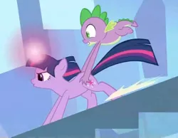 Size: 862x669 | Tagged: safe, derpibooru import, screencap, spike, twilight sparkle, dragon, pony, unicorn, the crystal empire, butt touch, female, glowing horn, gravity spell, hand on butt, horn, male, mare, stairs, unicorn twilight