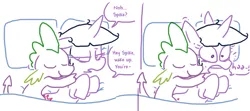 Size: 953x424 | Tagged: suggestive, artist:the weaver, derpibooru import, spike, twilight sparkle, dragon, pony, accidental sex, bed, comic, cuddling, dialogue, female, implied sex, male, mare, pillow, reverse sleep molestation, softcore, straight, twispike, under the covers