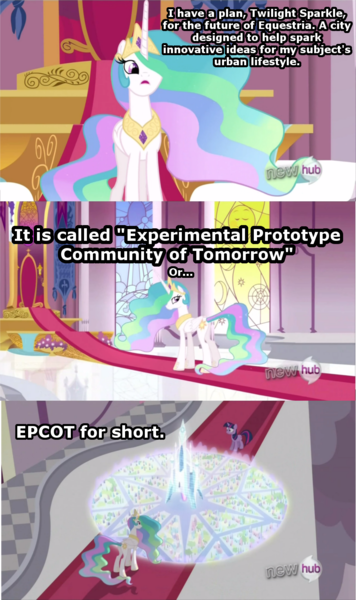 Size: 885x1490 | Tagged: safe, derpibooru import, edit, edited screencap, screencap, princess celestia, twilight sparkle, alicorn, pony, unicorn, the crystal empire, canterlot throne room, comic, crystal castle, crystal empire, didney worl, english, epcot, ethereal mane, female, hologram, mare, screencap comic, text, unicorn twilight, walt disney world