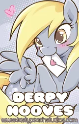 Size: 418x650 | Tagged: safe, artist:mooglegurl, derpibooru import, derpy hooves, pegasus, pony, blushing, female, heart, letter, mailmare, mare, mouth hold, solo, spread wings, wings