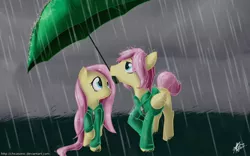 Size: 1280x800 | Tagged: artist:nolycs, butterscotch, clothes, derpibooru import, female, flutterscotch, fluttershy, hoodie, male, rain, rule 63, safe, selfcest, self ponidox, shipping, straight, umbrella, wet mane