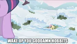 Size: 1067x609 | Tagged: safe, derpibooru import, edit, edited screencap, screencap, fluttershy, twilight sparkle, pony, winter wrap up, caption, female, flutterbutt, hobbits, mare, plot, snow, vulgar