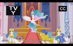 Size: 1024x640 | Tagged: derpibooru import, princess celestia, royal guard, safe, screencap, the crystal empire, youtube caption