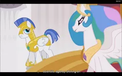 Size: 1024x640 | Tagged: derpibooru import, princess celestia, royal guard, safe, screencap, the crystal empire, youtube caption