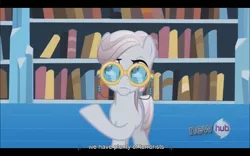 Size: 1024x640 | Tagged: amethyst maresbury, book, bookshelf, derpibooru import, hub logo, implied terrorist, library, safe, screencap, the crystal empire, youtube caption