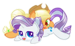 Size: 1500x921 | Tagged: safe, artist:portal-pie, derpibooru import, applejack, rarity, crystal pony, pony, chibi, crystallized, cuddling, filly, hat, younger