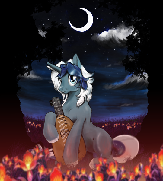 Size: 1500x1668 | Tagged: safe, artist:anightlypony, derpibooru import, oc, unofficial characters only, pony, unicorn, bard, colt, flower, forest, lute, male, moon, musical instrument, night, nightly, stars