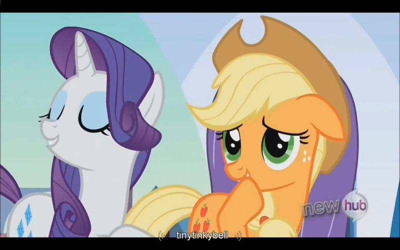 Size: 1024x640 | Tagged: applejack, derpibooru import, rarity, safe, screencap, the crystal empire, youtube caption