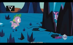 Size: 1024x640 | Tagged: derpibooru import, safe, screencap, spike, the crystal empire, twilight sparkle, youtube caption