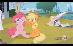 Size: 1024x640 | Tagged: applejack, derpibooru import, fluttershy, pinkie pie, rarity, safe, screencap, the crystal empire, youtube caption