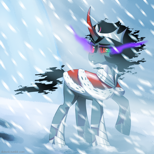 Size: 1000x1000 | Tagged: dead source, safe, artist:dotoriii, derpibooru import, king sombra, pony, unicorn, clothes, crown, curved horn, fangs, female, horn, jewelry, looking back, mare, queen umbra, raised hoof, regalia, rule 63, snow, snowfall, solo, sombra eyes