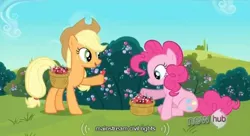 Size: 638x346 | Tagged: applejack, crystal berries, derpibooru import, hub logo, pinkie pie, safe, screencap, the crystal empire, youtube caption