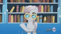 Size: 853x474 | Tagged: amethyst maresbury, crystal empire, derpibooru import, librarian, library, safe, screencap, terrorist, the crystal empire, youtube caption