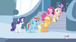 Size: 848x469 | Tagged: applejack, derpibooru import, fluttershy, hoofbump, mane six, pinkie pie, rainbow dash, rarity, safe, screencap, stairs, twilight sparkle