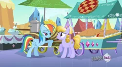 Size: 848x469 | Tagged: safe, derpibooru import, screencap, amber waves, rainbow dash, crystal pony, pony, the crystal empire, lidded eyes, pie