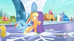 Size: 848x469 | Tagged: safe, derpibooru import, screencap, applejack, earth pony, pegasus, pony, the crystal empire, female, mare, wide eyes