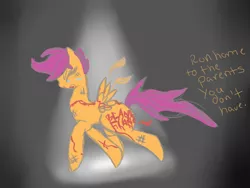 Size: 900x675 | Tagged: artist:justwestofweird, blank flank, blood, crying, derpibooru import, grimdark, orphan, scootabuse, scootaloo