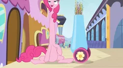 Size: 848x469 | Tagged: derpibooru import, great moments in animation, long neck, nope, nope.avi, party cannon, pinkie pie, safe, screencap, solo, stretching