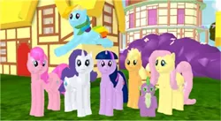 Size: 420x230 | Tagged: safe, derpibooru import, applejack, fluttershy, pinkie pie, rainbow dash, rarity, spike, twilight sparkle, dragon, earth pony, pegasus, pony, unicorn, 3d, female, male, mane seven, mane six, mare, wat