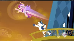 Size: 1920x1080 | Tagged: all new, derpibooru import, epic wife tossing, fastball special, horn crystals, hub logo, princess cadance, safe, screencap, shining armor, text, the crystal empire