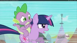 Size: 1920x1080 | Tagged: safe, derpibooru import, screencap, spike, twilight sparkle, dragon, pony, the crystal empire, dragons riding ponies, hub logo, riding, running, youtube caption