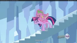 Size: 1920x1080 | Tagged: safe, derpibooru import, screencap, spike, twilight sparkle, dragon, pony, the crystal empire, dragons riding ponies, riding, stairs, youtube caption
