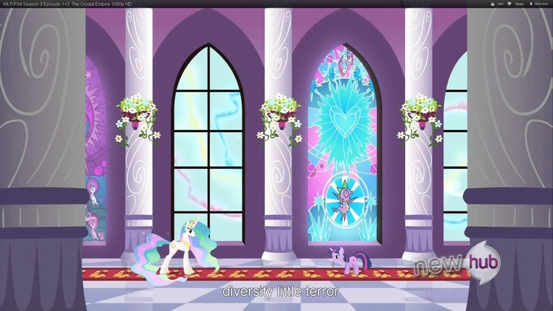 Size: 1920x1080 | Tagged: derpibooru import, princess celestia, safe, screencap, the crystal empire, twilight sparkle, youtube caption