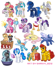 Size: 957x1135 | Tagged: apple bloom, applejack, artist:sharky, balloon, clothes, derpibooru import, derpy hooves, fluttershy, g1, g1 to g4, generation leap, kepek, night life, oc, ocean pride, party cannon, pinkie pie, plushie, princess celestia, princess luna, race swap, rainbow dash, rarity, safe, scootaloo, spike, sweetie belle, t-shirt, twilight sparkle, van isle, whitecap