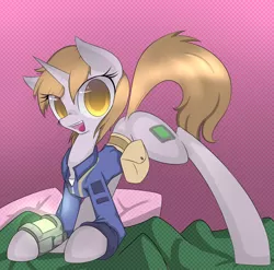 Size: 1592x1574 | Tagged: safe, artist:prozenconns, derpibooru import, oc, oc:littlepip, unofficial characters only, pony, unicorn, fallout equestria, fanfic, clothes, fanfic art, female, mare, pipbuck, solo, vault suit