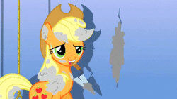 Size: 427x240 | Tagged: animated, applejack, cement, derpibooru import, eyes closed, implied rarity, it's about time, levitation, magic, messy mane, mouth hold, offscreen character, rag, safe, screencap, telekinesis, trowel