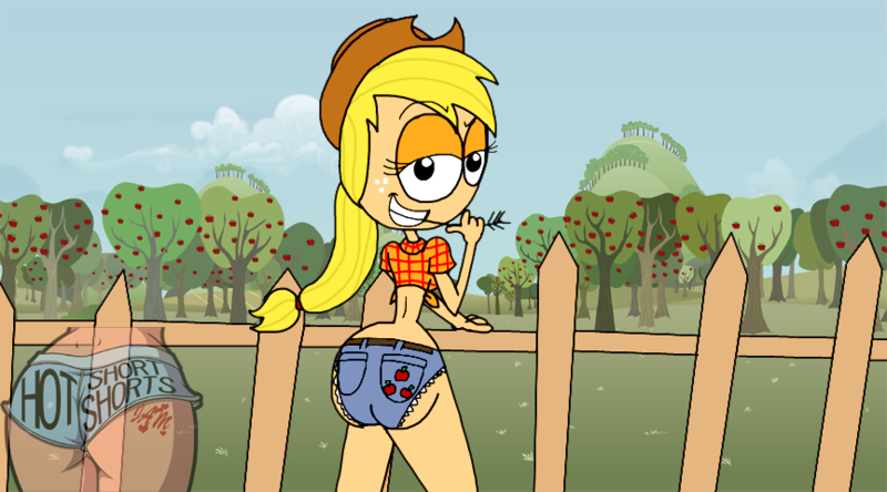 Size: 864x480 | Tagged: suggestive, artist:montatora, artist:montatora-501, derpibooru import, applejack, human, applebucking thighs, applebutt, bedroom eyes, breasts, female, humanized, image, looking at you, looking back, png, solo, solo female, straw