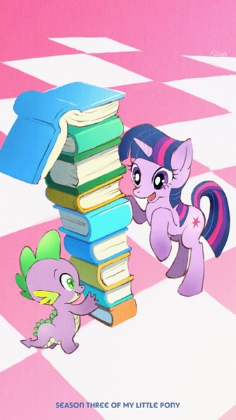 Size: 394x700 | Tagged: safe, artist:kurieto, derpibooru import, spike, twilight sparkle, book, countdown, pixiv