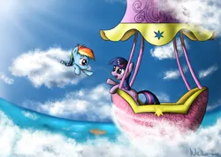 Size: 3000x2121 | Tagged: safe, artist:neko-me, derpibooru import, rainbow dash, twilight sparkle, pegasus, pony, unicorn, balloon, cloud, cloudy, duo, female, filly, filly rainbow dash, hot air balloon, island, looking at each other, on a cloud, twinkling balloon, unicorn twilight, water, younger