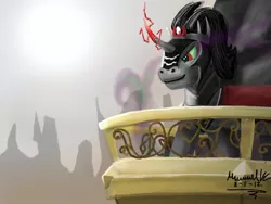 Size: 1152x864 | Tagged: safe, artist:turbopower1000, derpibooru import, king sombra, pony, unicorn, the crystal empire, balcony, colored horn, curved horn, horn, male, solo, sombra eyes, sombra's horn, stallion