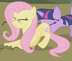 Size: 488x414 | Tagged: butt touch, derpibooru import, dragonshy, duo, faceful of ass, fluttershy, out of context, pushing, rump push, safe, screencap, scrunchy face, twilight sparkle