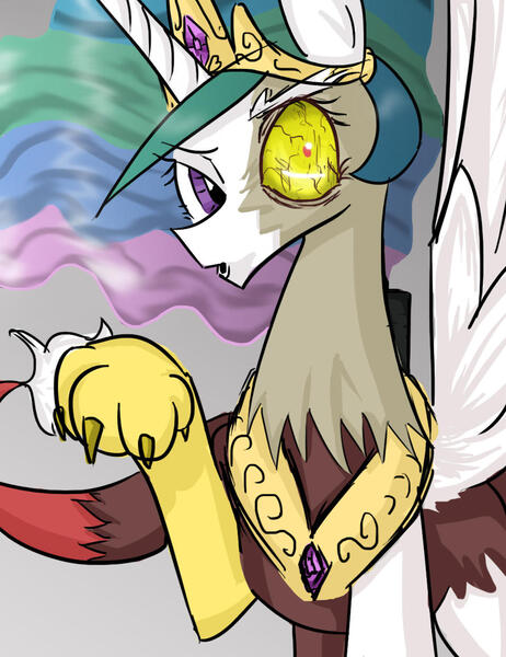 Size: 960x1248 | Tagged: artist:burgerlicious, derpibooru import, discord, duality, fusion, princess celestia, safe