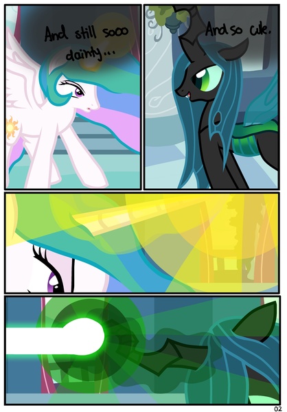 Size: 1741x2500 | Tagged: artist:pyruvate, comic, comic:consumed love, consumed love, derpibooru import, palindrome get, princess celestia, queen chrysalis, safe