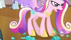 Size: 640x360 | Tagged: cropped, derpibooru import, hub logo, offscreen character, princess cadance, safe, screencap, solo focus, spike, the crystal empire