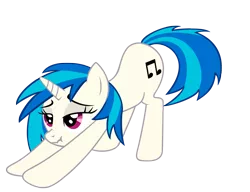 Size: 2415x1855 | Tagged: safe, artist:luckysmores, derpibooru import, vinyl scratch, pony, unicorn, exploitable meme, female, iwtcird, mare, scrunchy face, simple background, solo, stretching, transparent background