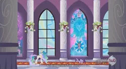 Size: 844x467 | Tagged: canterlot, derpibooru import, hub logo, princess celestia, safe, screencap, stained glass, the crystal empire, twilight sparkle, youtube caption