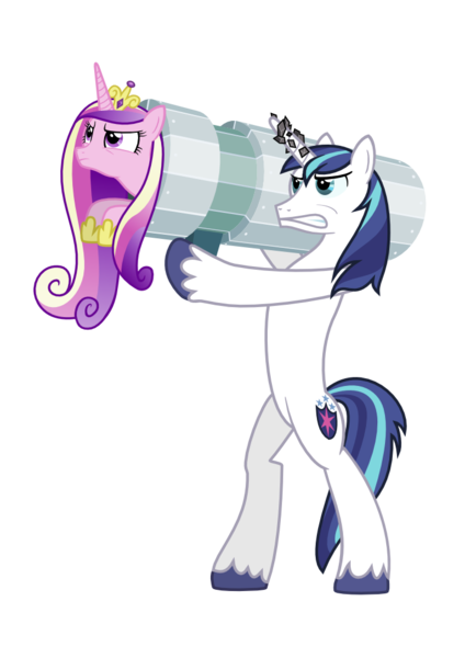 Size: 744x1052 | Tagged: artist:ranmasayo, cannon ponies, derpibooru import, epic wife tossing, fastball special, launcher, pony cannonball, princess cadance, safe, shining armor