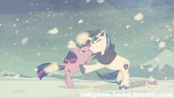 Size: 500x281 | Tagged: animated, bipedal, bipedal leaning, clothes, derpibooru import, hub logo, hug, leaning, safe, scarf, screencap, shining armor, snow, snowfall, snow goggles, the crystal empire, twilight sparkle