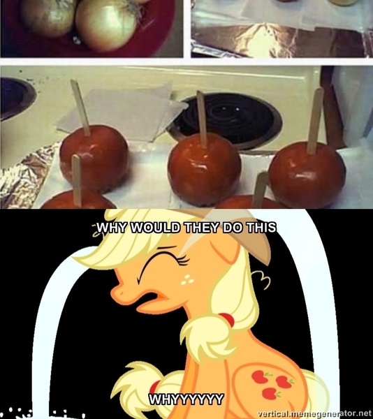 Size: 700x786 | Tagged: applejack, april fools, april fools joke, caramel, derpibooru import, exploitable meme, food, memegenerator, onion, prank, sad, safe, unhapplejack