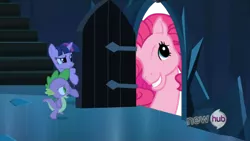 Size: 854x480 | Tagged: derpibooru import, edit, edited screencap, exploitable meme, g3, g4 to g3, generation leap, meme, pinkie blind, pinkie pie, safe, screencap, the crystal empire, the scary door