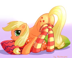 Size: 600x486 | Tagged: applejack, artist:fantazyme, clothes, derpibooru import, face down ass up, female, hooves, plot, presenting, socks, solo, solo female, striped socks, suggestive