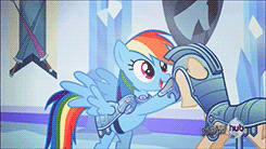 Size: 245x138 | Tagged: animated, armor, bipedal, derpibooru import, hub logo, jousting outfit, rainbow dash, safe, screencap, the ballad of the crystal empire, the crystal empire