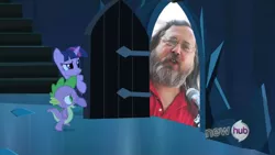 Size: 854x480 | Tagged: derpibooru import, exploitable meme, meme, photo, richard stallman, safe, spike, the scary door, twilight sparkle