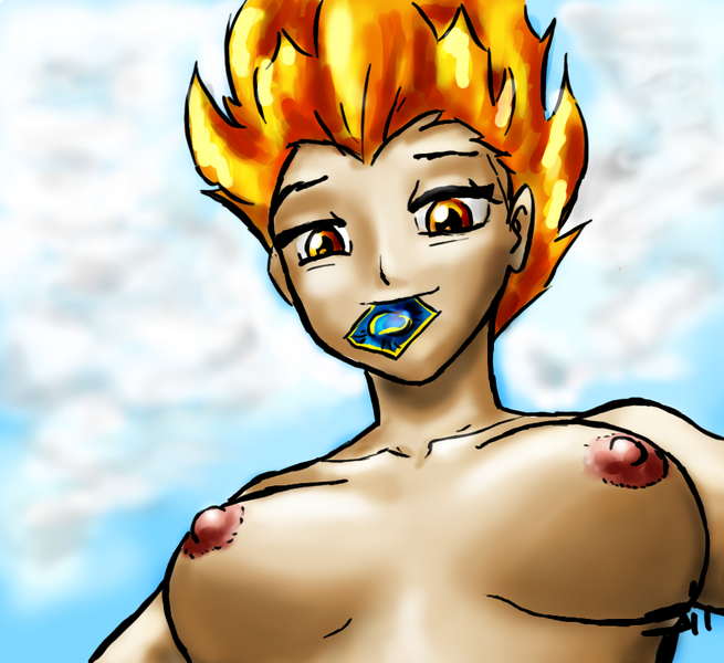 Size: 900x825 | Tagged: artist:johnjoseco, artist:michos, breasts, color, colored, color edit, condom, condom in mouth, derpibooru import, edit, female, human, humanized, mouth hold, nipples, nudity, questionable, solo, solo female, spitfire